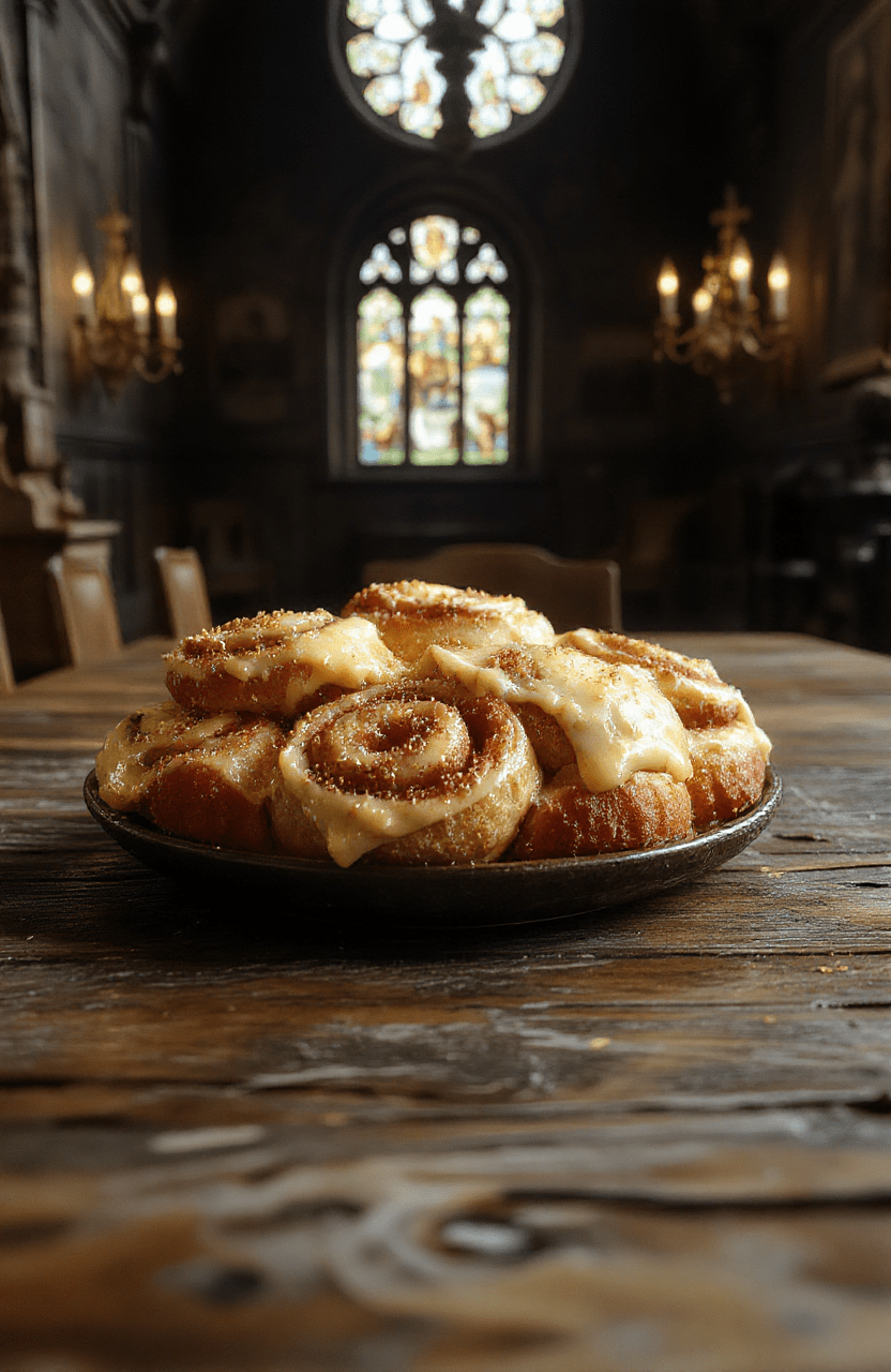 Mini golden-brown crescent-shaped rolls with edible gold dust shimmer, drizzled with smooth butterscotch cream cheese frosting and topped with miniature golden spheres, arranged on a rustic wooden tray beside a golden snitch toy and a mug of hot cocoa, warm natural light illuminates the textures