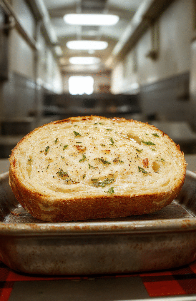 Golden-brown, buttery garlic bread topped with melted mozzarella and fresh parsley, served on a rusted metal tray in a gritty prisoncafeteria setting with soft shadows and natural light