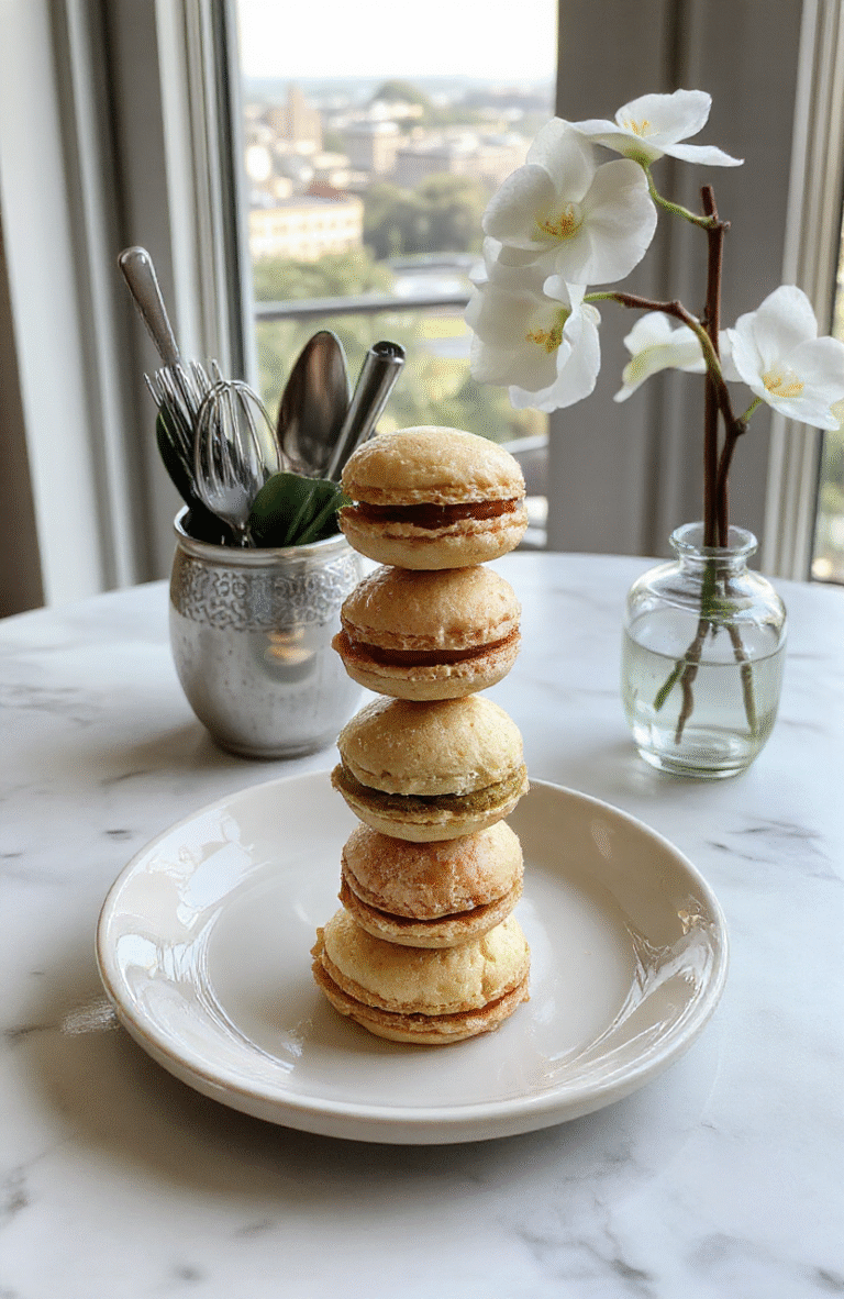 A gleaming multi-tiered macaron tower in pastel pink, ivory, and gold hues, arranged on a sleek marble cake stand, each macaron glossy and delicate with bold buttercream fillings, dusted with edible gold flakes and fresh raspberries, perched on a reflective surface with soft shadows and natural lighting.