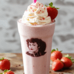A frothy, vibrant pink strawberry milkshake in a classic retro glass with a maraschino cherry on top and a swirling swirl of whipped cream, garnished with fresh strawberry slices, served with a striped paper straw, against a backdrop of 1950s diner-style red-and-white checkered tablecloth and soft natural lighting.