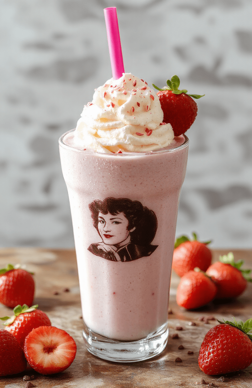A frothy, vibrant pink strawberry milkshake in a classic retro glass with a maraschino cherry on top and a swirling swirl of whipped cream, garnished with fresh strawberry slices, served with a striped paper straw, against a backdrop of 1950s diner-style red-and-white checkered tablecloth and soft natural lighting.