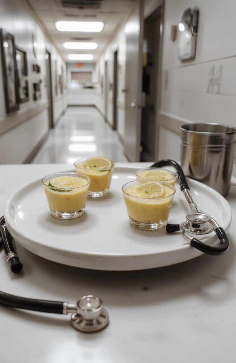 Two chilled martini glasses filled with vibrant orange tequila shots, each garnished with a wedge of fresh lime on a white ceramic plate, beside half-moon lime tarts with flaky pastry shells and bright yellow curd filling. Background is a softly blurred hospital corridor with warm overhead lighting, shallow depth of field, natural daylight from nearby windows, casual elegant styling.