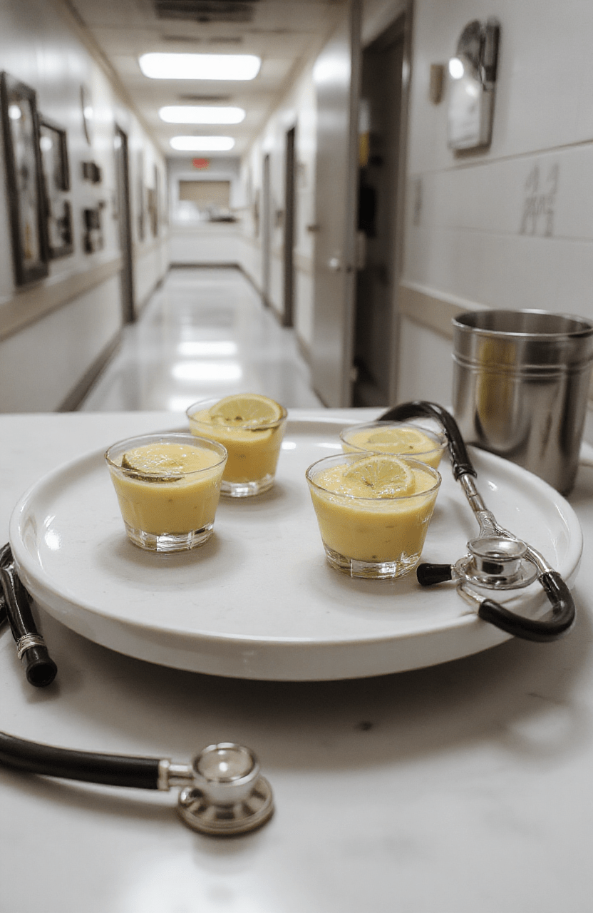 Two chilled martini glasses filled with vibrant orange tequila shots, each garnished with a wedge of fresh lime on a white ceramic plate, beside half-moon lime tarts with flaky pastry shells and bright yellow curd filling. Background is a softly blurred hospital corridor with warm overhead lighting, shallow depth of field, natural daylight from nearby windows, casual elegant styling.