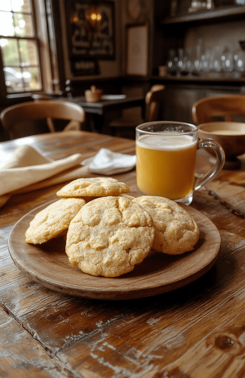 Two chewy, golden-brown cookies with caramelized edges, topped with a swirl of butterscotch glaze and a sprinkle of golden sugar crystals, resting on a rustic wooden table beside a frothy mug of butterbeer and a few scattered candy cauldrons