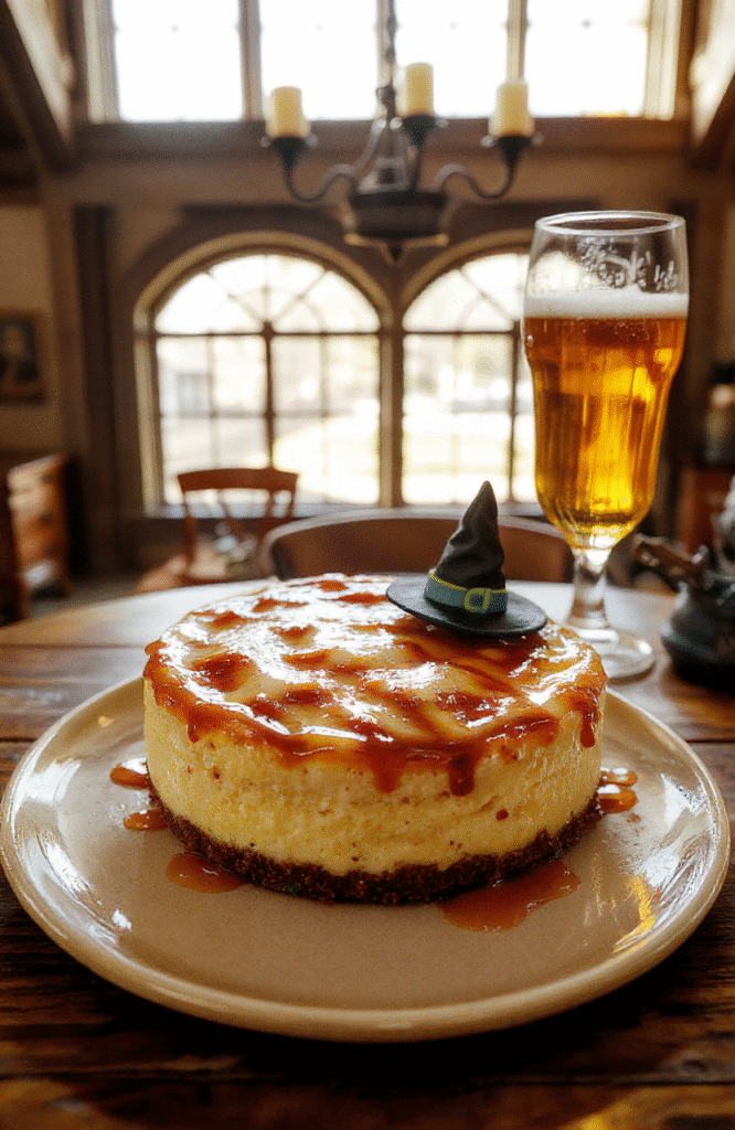 A rich, golden-brown deep-dish butterbeer cheesecake with a distinct caramelized butterbeer glaze drizzle and a dusting of cinnamon, sits on a rustic wooden板 topped with floating candlelight reflections and parchment-style recipe notes, soft shadows from afternoon sunlight, casual amateur food styling with visible texture of graham cracker crust and creamy filling.