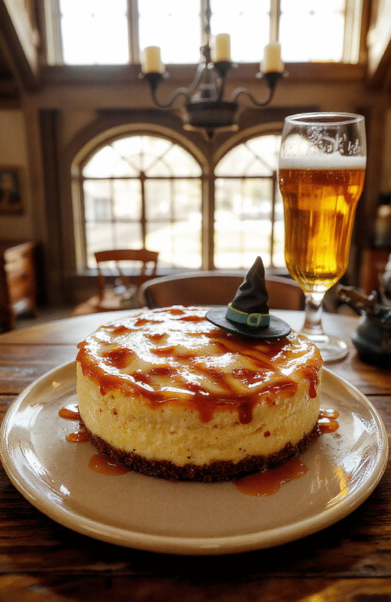 A rich, golden-brown deep-dish butterbeer cheesecake with a distinct caramelized butterbeer glaze drizzle and a dusting of cinnamon, sits on a rustic wooden板 topped with floating candlelight reflections and parchment-style recipe notes, soft shadows from afternoon sunlight, casual amateur food styling with visible texture of graham cracker crust and creamy filling.
