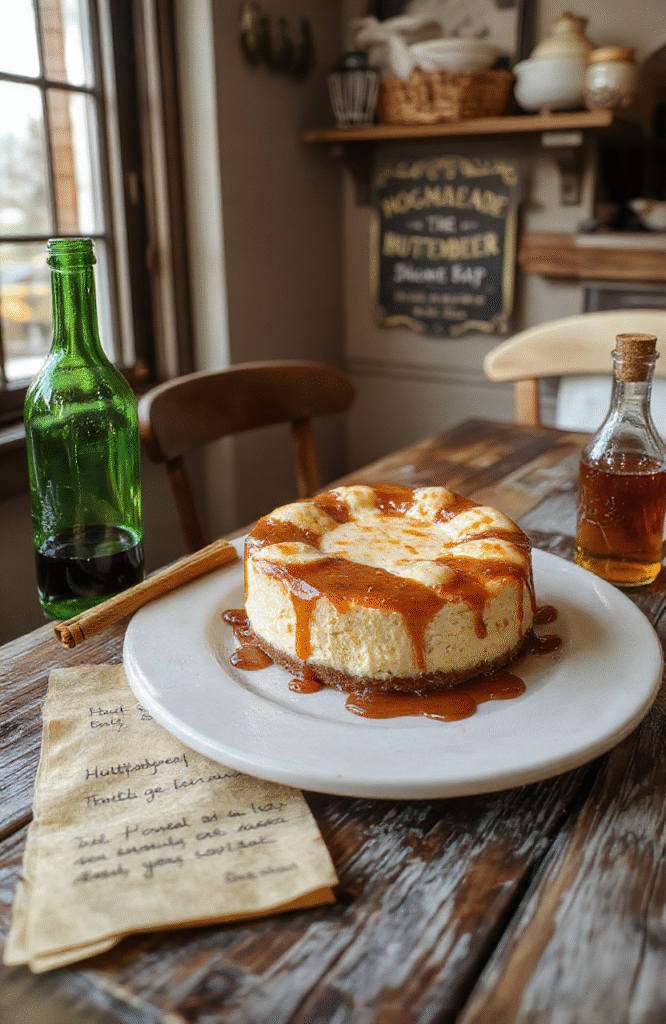 A rich, golden-brown deep-dish butterbeer cheesecake slices showing swirls of caramel butterbeer glaze, graham cracker crumb crust, and a creamy center, topped with whipped cream and a drizzle of butterscotch, on a rustic wooden table with Hogsmeade village backdrop and subtle warm lighting.