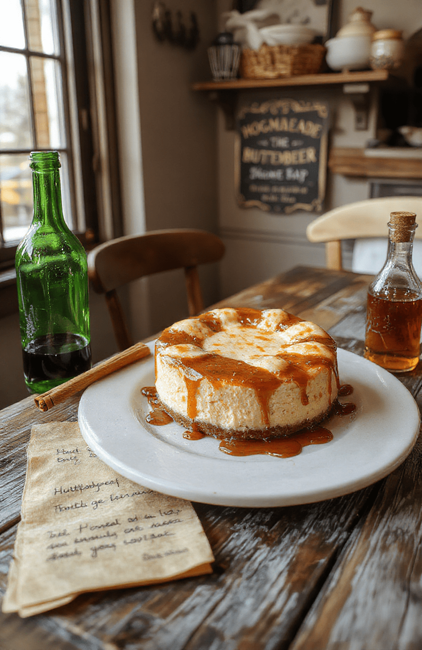 A rich, golden-brown deep-dish butterbeer cheesecake slices showing swirls of caramel butterbeer glaze, graham cracker crumb crust, and a creamy center, topped with whipped cream and a drizzle of butterscotch, on a rustic wooden table with Hogsmeade village backdrop and subtle warm lighting.