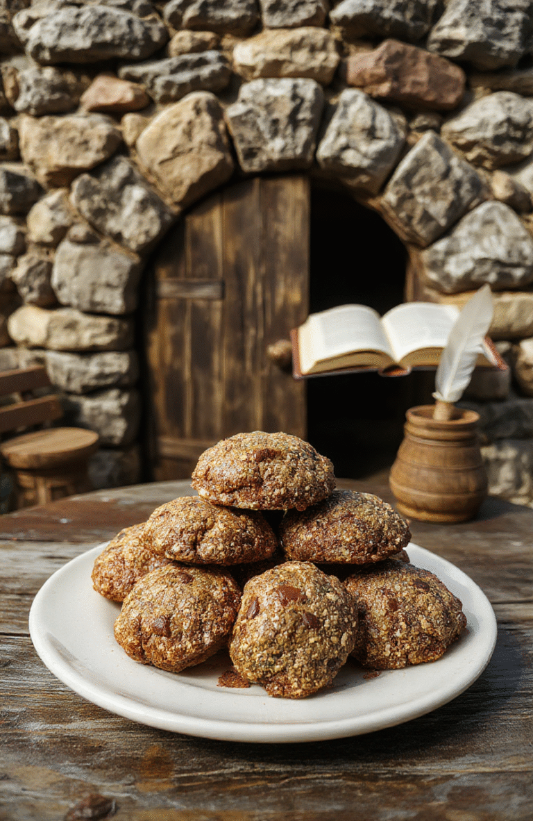 Two rustic, slightly overbaked rock cakes on a wooden cutting board, speckled withcurrants, dusted with powdered sugar, resting beside a chipped enamel mug of tea in a cozy, earthy setting with mossy stones and parchment maps.