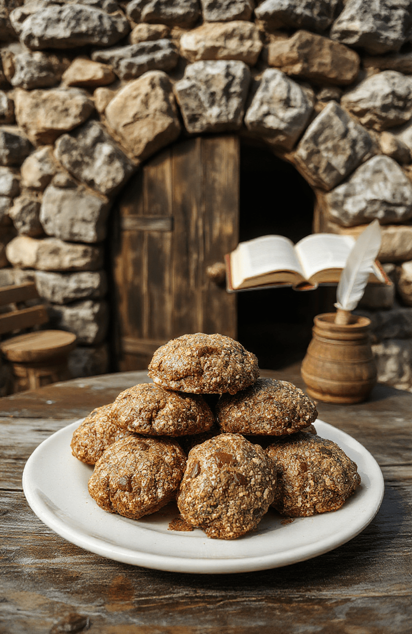 Two rustic, slightly overbaked rock cakes on a wooden cutting board, speckled withcurrants, dusted with powdered sugar, resting beside a chipped enamel mug of tea in a cozy, earthy setting with mossy stones and parchment maps.