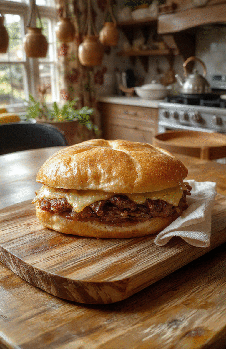 Two thick slices of toasted rye bread holding piled high with savory corned beef, bright yellow mustard, and a layer of melted Swiss cheese, with a side of quick-pickled red onions. The sandwich rests on a rustic wooden board beside a steaming mug of tea and a Hogwarts letter open on the table.