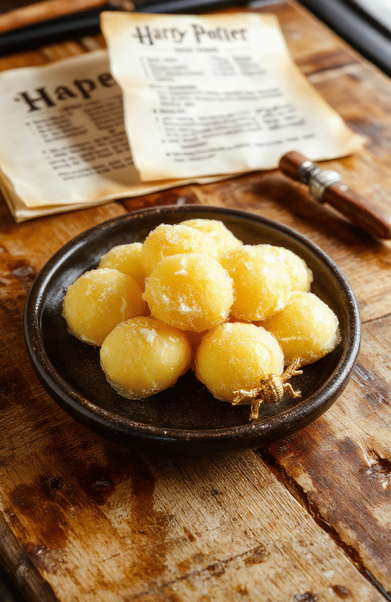 Close-up of glossy, translucent yellow lemon-shaped candies with a powdery white shimmer coating on a wooden recipe card beside an open Harry Potter book and a golden snitch charm, natural daylight casting soft shadows