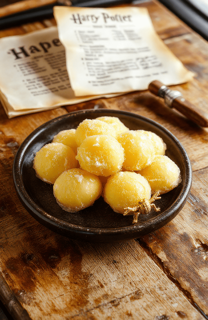 Close-up of glossy, translucent yellow lemon-shaped candies with a powdery white shimmer coating on a wooden recipe card beside an open Harry Potter book and a golden snitch charm, natural daylight casting soft shadows