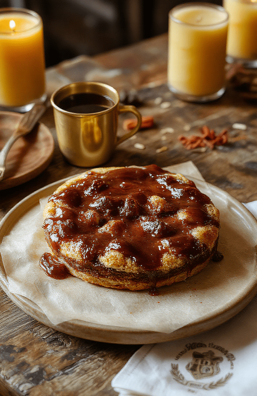 A golden-brown treacle tart with a glossy, deep amber filling, served on a rustic wooden board, dusted with powdered sugar, accompanied by a cup of steaming English tea and a vintage Harry Potter book with a Hogwarts crest, soft natural light, shallow depth of field