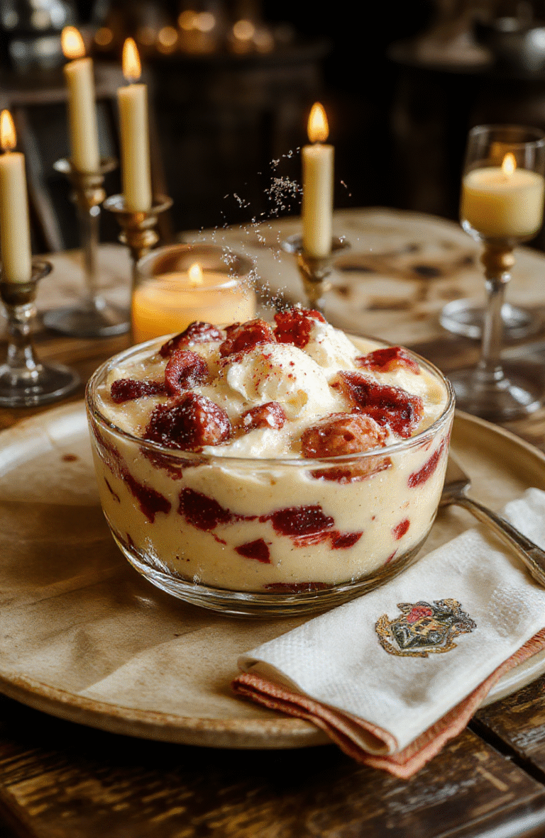 A layered trifle in a clear glass bowl with sponge cake, jam, custard, whipped cream, and edible silver sparkles, garnished with fresh berries and mini fondant witch hats, sitting on a wooden feast table with candlelight glow and subtle parchment textures.