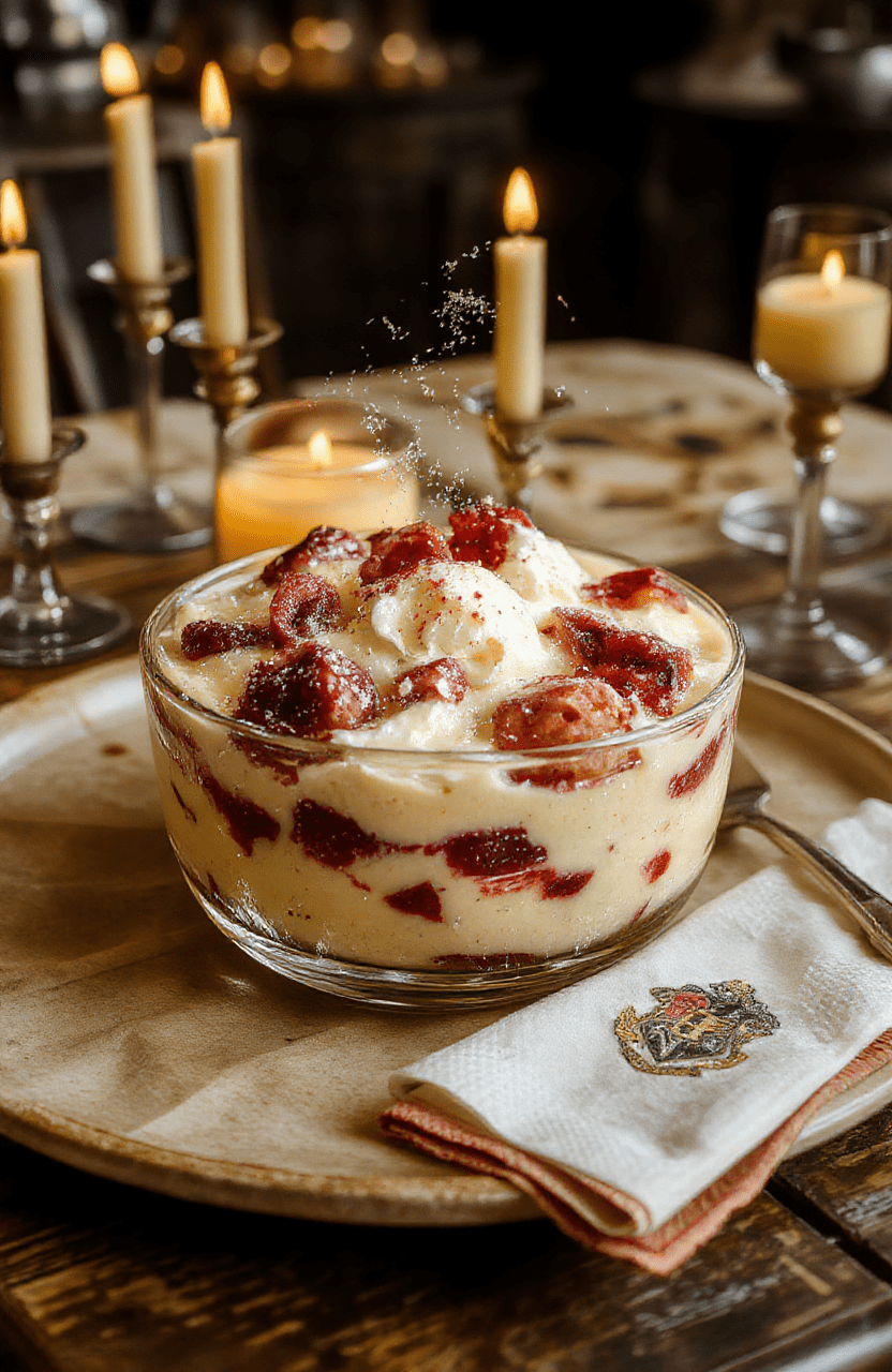 A layered trifle in a clear glass bowl with sponge cake, jam, custard, whipped cream, and edible silver sparkles, garnished with fresh berries and mini fondant witch hats, sitting on a wooden feast table with candlelight glow and subtle parchment textures.