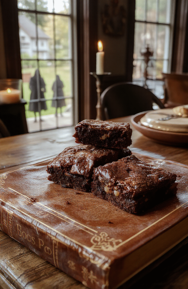 A batch of dark chocolate brownies squared into spellbook-shaped pieces, dusted with white powdered sugar runes and edible glitter, arranged on a vintage leather-bound recipe book with cracked pages and a gold-embossed title, close-up with warm natural light and soft shadows, slightly moody aesthetic