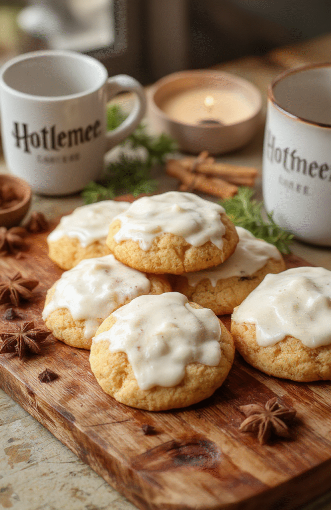 Two golden-brown round cookies with a drizzle of white buttercream designed to resemble butterbeer foam, placed on a rustic wooden surface beside a miniature Hogwarts Express mug and scattered cinnamon sticks, soft sunlight filtering through a enchanted forest backdrop