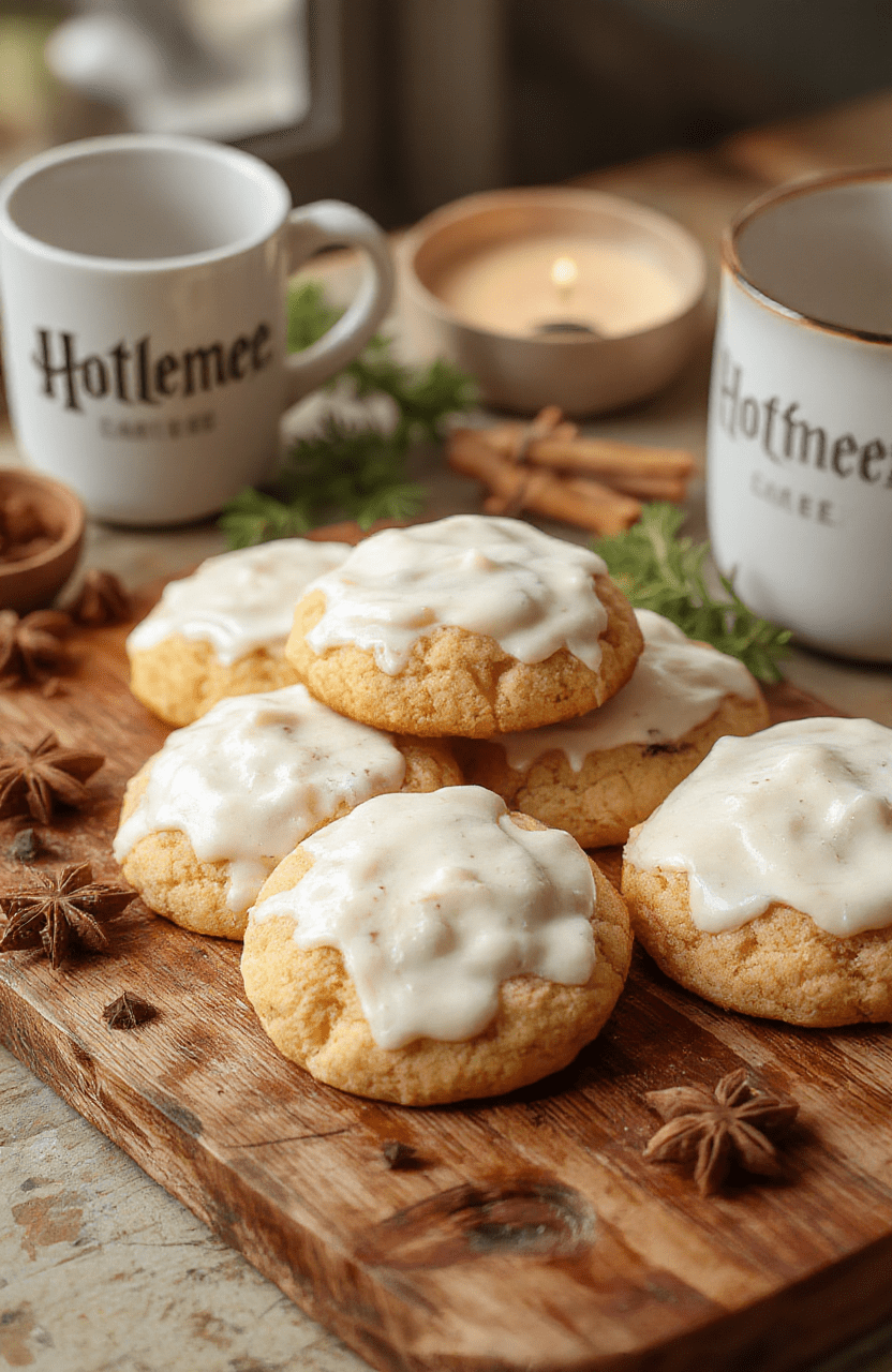 Two golden-brown round cookies with a drizzle of white buttercream designed to resemble butterbeer foam, placed on a rustic wooden surface beside a miniature Hogwarts Express mug and scattered cinnamon sticks, soft sunlight filtering through a enchanted forest backdrop