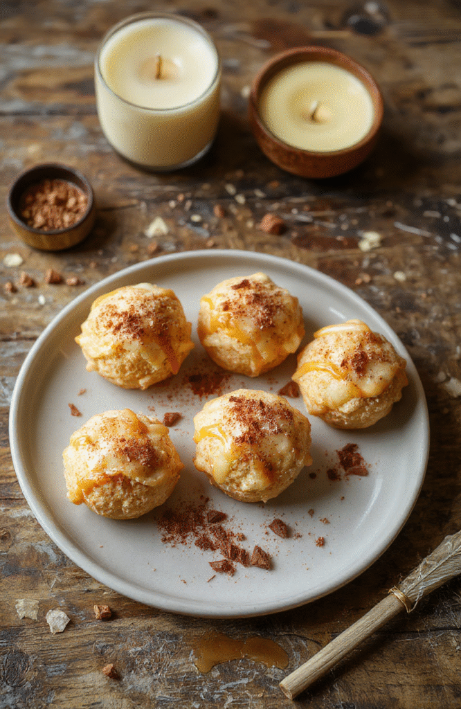 Golden-brown cheesecake pops dipped in creamy butterscotch glaze and frosted with whipped cream, dusted with cinnamon and edible gold sparks, arranged on a rustic wooden tray beside vintage glass bottles and parchment-style recipe cards.