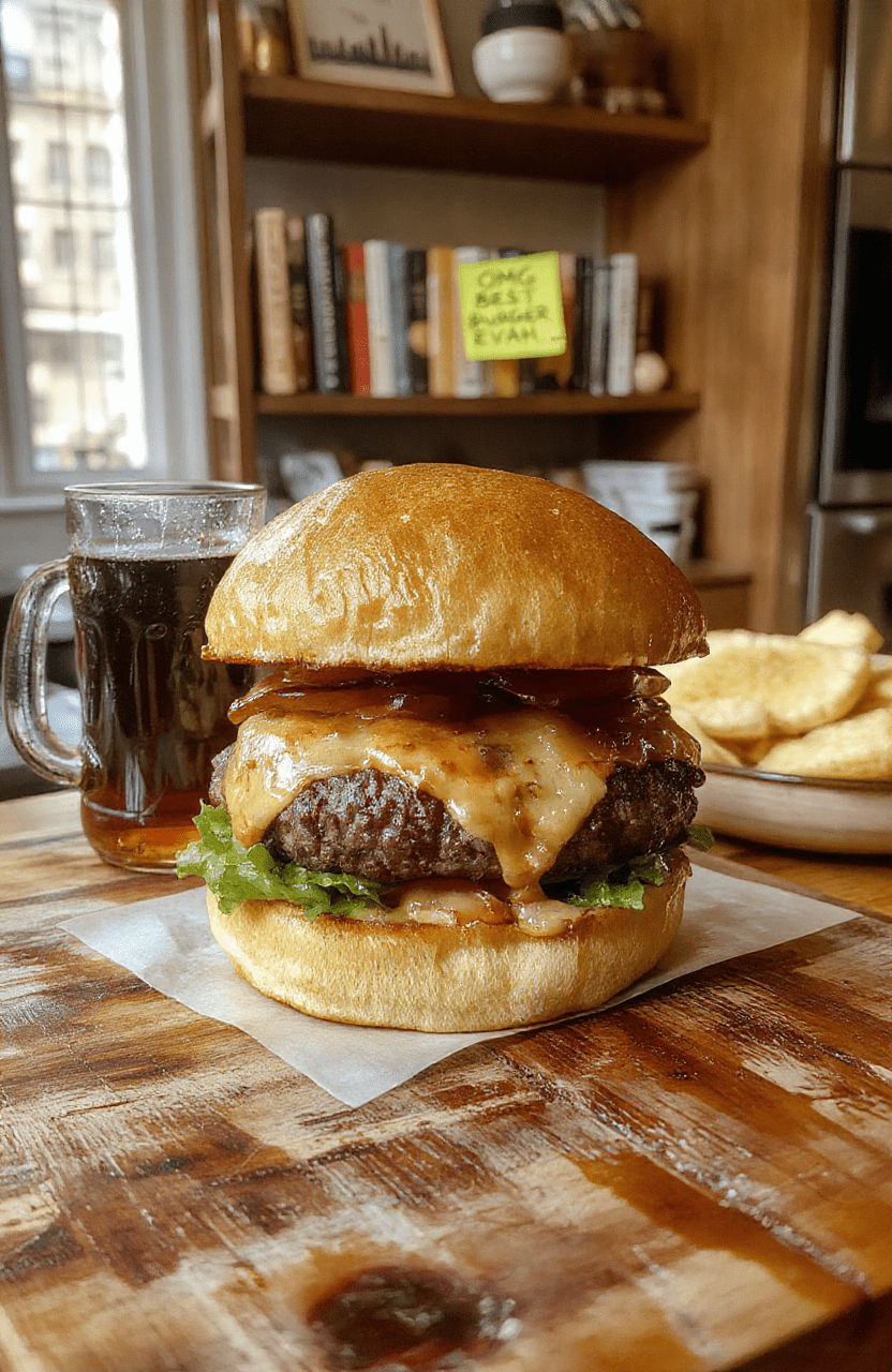 A juicy, perfectly grilled bacon-and-cheddar burger stacked high on a toasted brioche bun, with melted cheese dripping down the sides, fresh lettuce, ripe tomato slices, and crisp pickles, served open-faced on a rustic wooden board beside a side of golden-crispy shoestring fries and a tall glass of root beer