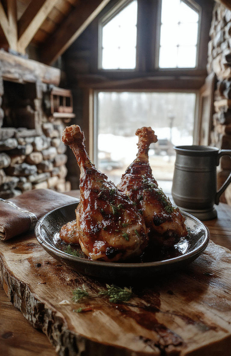 Two large, golden-brown roasted turkey legs resting on a rustic wooden board, glazed with sticky honey-smoked sauce, garnished with fresh rosemary sprigs and coarse sea salt crystals, steam rising slightly, set against a backdrop of flickering torchlight and Viking长厅 wood beam textures.