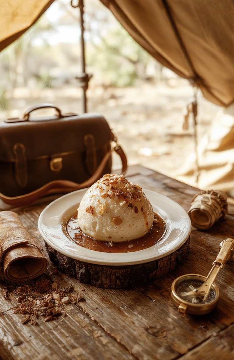 A chilling, surreal pudding cup resembling a brain with pulsing red berry 'arteries', served in a rustic ceramic bowl beside a vintage explorer's journal and compass, on a weathered wooden table with warm daylight filtering through dusty window panes