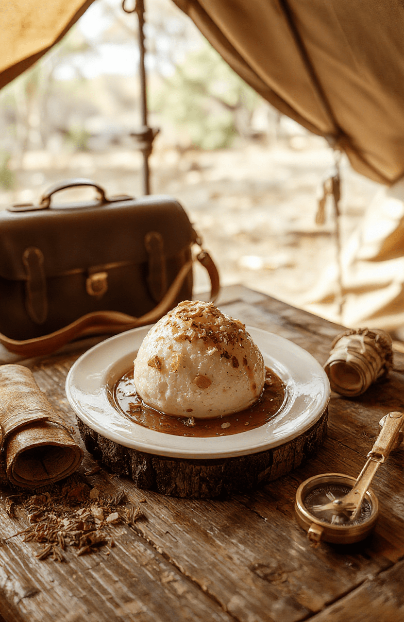 A chilling, surreal pudding cup resembling a brain with pulsing red berry 'arteries', served in a rustic ceramic bowl beside a vintage explorer's journal and compass, on a weathered wooden table with warm daylight filtering through dusty window panes