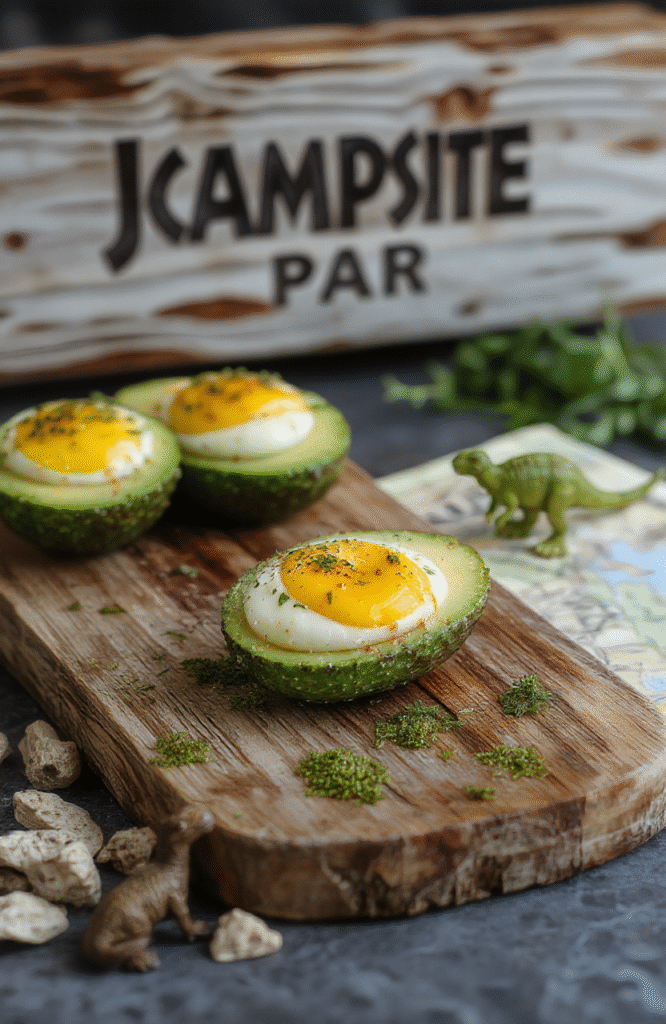 Two whole avocados halved and emptied, filled with vibrant green guacamole and sprinkled with black sesame seeds to resemble dinosaur eggs, placed on a rustic wooden board with faux fossilized bones and a Jurassic Park-themed napkin.