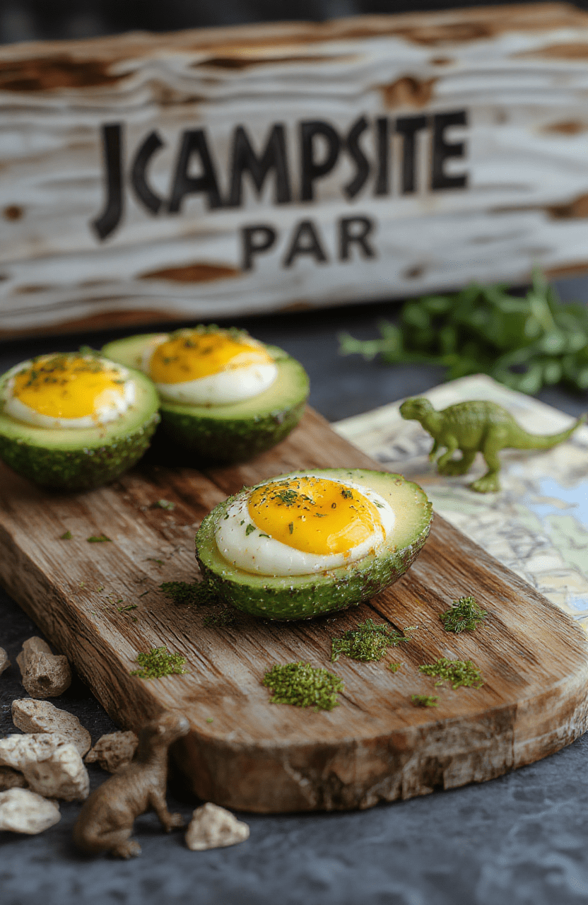 Two whole avocados halved and emptied, filled with vibrant green guacamole and sprinkled with black sesame seeds to resemble dinosaur eggs, placed on a rustic wooden board with faux fossilized bones and a Jurassic Park-themed napkin.