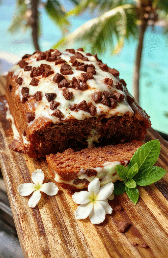 A vibrant, slice of mint chocolate chip ice cream loaf with vibrant green custard base, dark chocolate chunks, and a dusting of mint leaves, sitting on a rustic wooden board with a Hawaiian lei garnish and a small Stitch plush toy in the background.