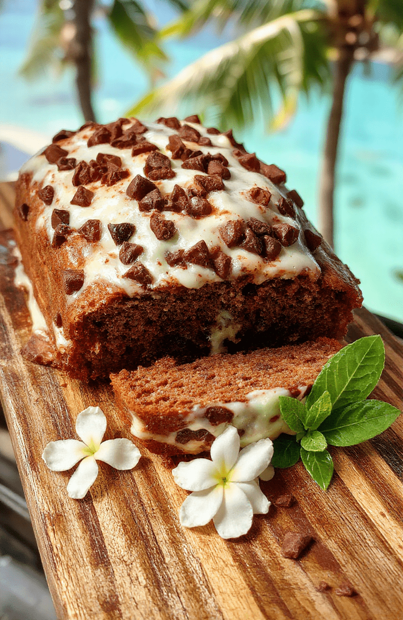 A vibrant, slice of mint chocolate chip ice cream loaf with vibrant green custard base, dark chocolate chunks, and a dusting of mint leaves, sitting on a rustic wooden board with a Hawaiian lei garnish and a small Stitch plush toy in the background.
