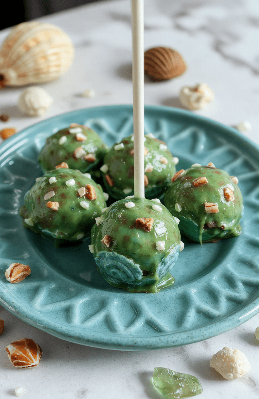 Colorful cake pops shaped like dinglehoppers—a pink-red coral fork with blue sugar crystal tines—resting on a glossy turquoise cake stand with pearl accents, surrounded by seashells and edible glitter, under soft natural light with subtle water ripple reflections in background