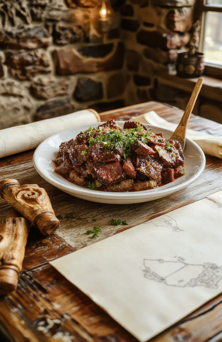 A rustic platter of succulent, dark-golden-brown spiced beef chunks glistening with glaze, nestled on a wooden board surrounded by roasted root vegetables, fresh rosemary sprigs, and cracked black pepper. Soft sunlight highlights the meat’s charred edges and moist interior, with steam rising gently.