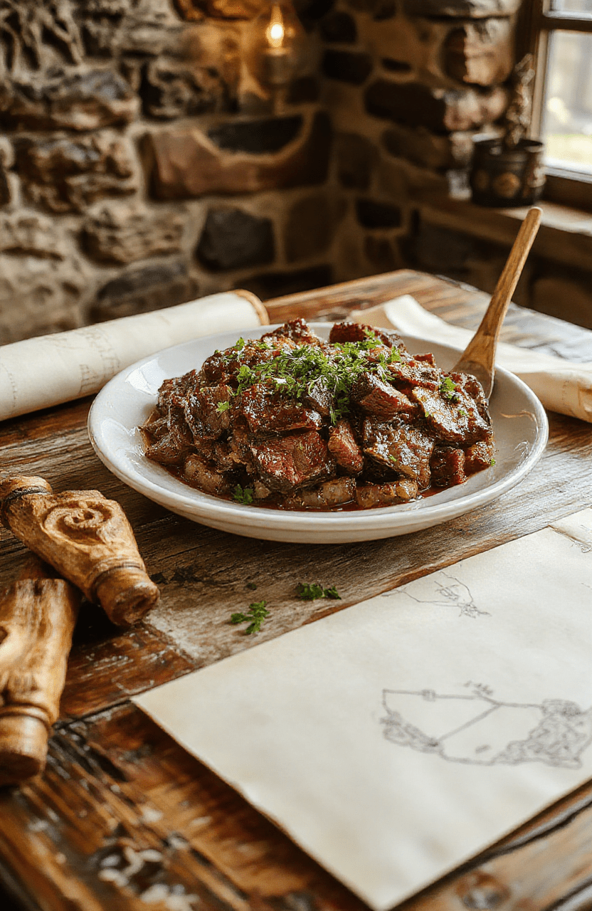 A rustic platter of succulent, dark-golden-brown spiced beef chunks glistening with glaze, nestled on a wooden board surrounded by roasted root vegetables, fresh rosemary sprigs, and cracked black pepper. Soft sunlight highlights the meat’s charred edges and moist interior, with steam rising gently.