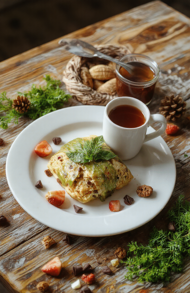 Golden-yellow shortbread squaresWrapped in fresh green elven leaf (spinach or kale) with delicate edible gold dust shimmer, arranged on a rustic wooden platter beside tiny wild berries and a sprig of rosemary, soft natural light highlighting buttery crumb texture and leaf veins