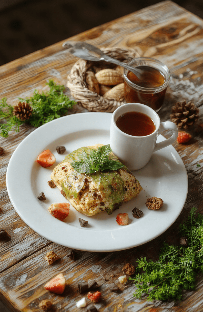 Golden-yellow shortbread squaresWrapped in fresh green elven leaf (spinach or kale) with delicate edible gold dust shimmer, arranged on a rustic wooden platter beside tiny wild berries and a sprig of rosemary, soft natural light highlighting buttery crumb texture and leaf veins