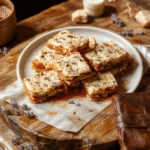 Golden-brown lembas bread bars arranged in a rustic wooden platter with small sprigs of thyme and a dusting of powdered sugar, served alongside a miniature leather satchel and a parchment map of Middle-earth on a weathered oak table, soft natural light, cinematic styling