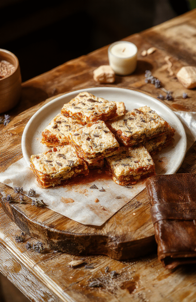 Golden-brown lembas bread bars arranged in a rustic wooden platter with small sprigs of thyme and a dusting of powdered sugar, served alongside a miniature leather satchel and a parchment map of Middle-earth on a weathered oak table, soft natural light, cinematic styling