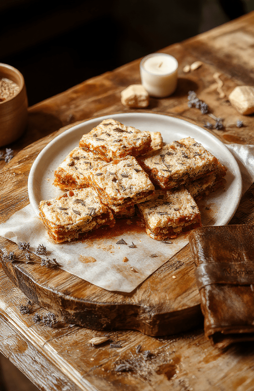 Golden-brown lembas bread bars arranged in a rustic wooden platter with small sprigs of thyme and a dusting of powdered sugar, served alongside a miniature leather satchel and a parchment map of Middle-earth on a weathered oak table, soft natural light, cinematic styling