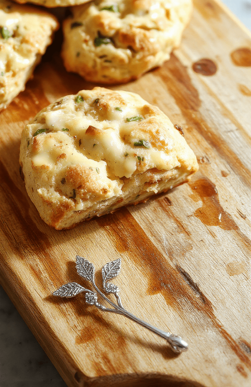 Golden-brown scones with a honey-drizzled top, dusted with edible gold flakes and clustered with dried apricots, walnuts, and fresh thyme, resting on a rustic wooden cutting board beside a steaming cup of herbal tea and a small leather-bound book, soft natural light illuminating warm, earthy tones.