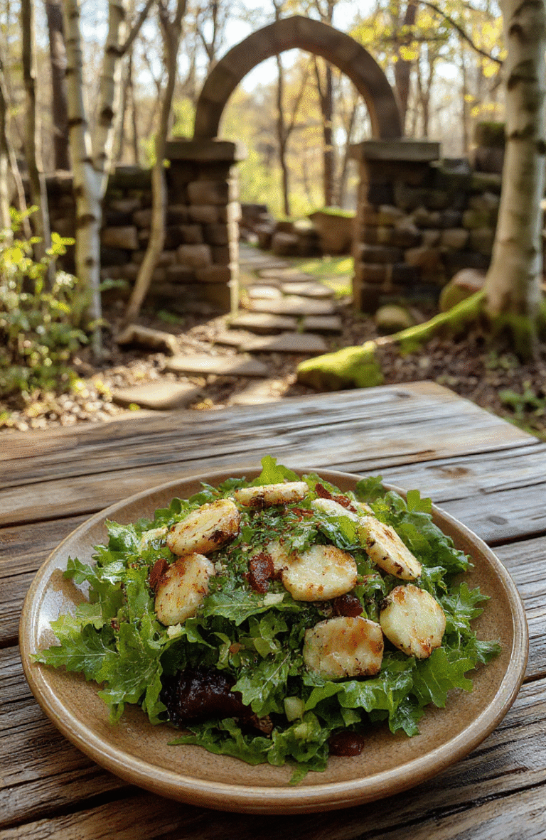 A vibrant, color-rich salad in a rustic wooden bowl on a sun-dappled wooden table, featuring delicate arugula, shredded purple cabbage, sliced cucumber, roasted pine nuts, crumbled feta cheese, and tart pomegranate arils, with edible flowers (nasturtium and viola) scattered on top. Light dewdrops glistens on greens, evoking Elven purity and natural elegance.