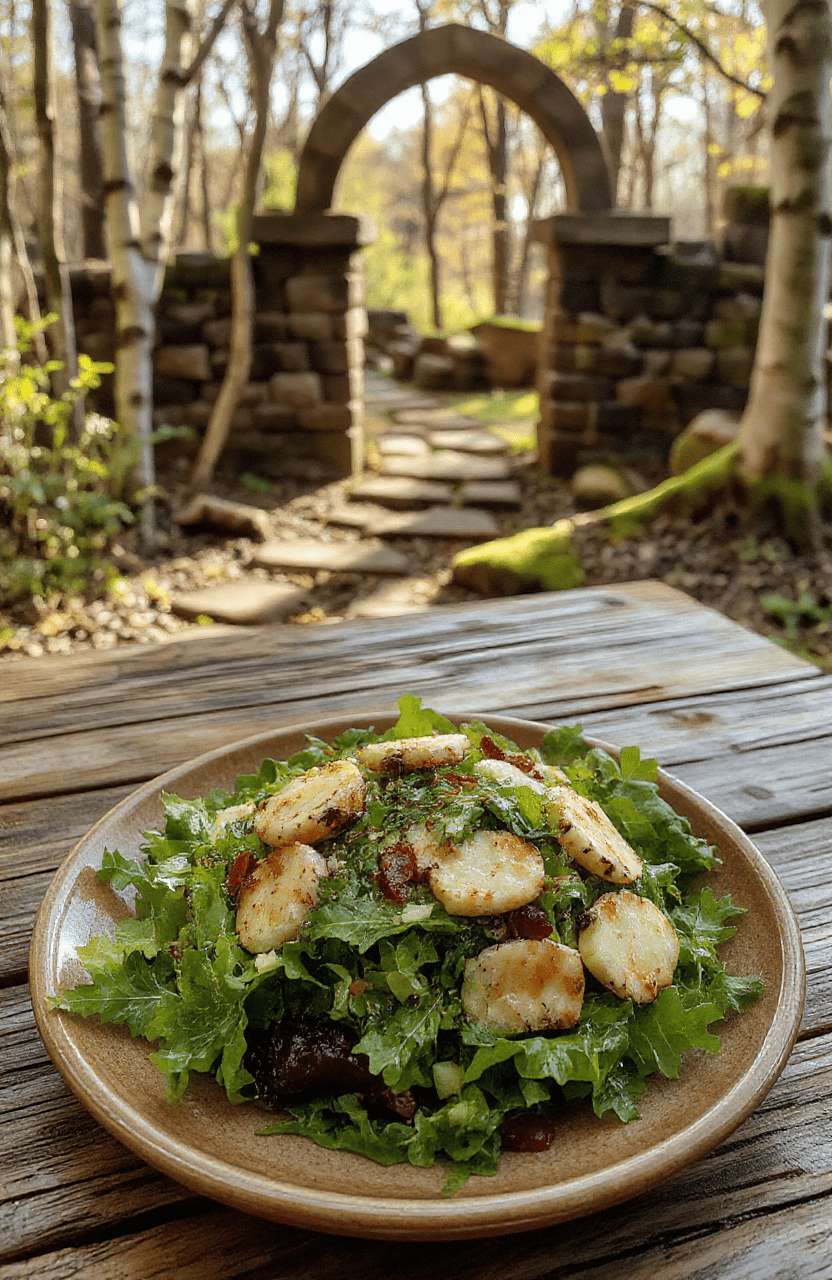 A vibrant, color-rich salad in a rustic wooden bowl on a sun-dappled wooden table, featuring delicate arugula, shredded purple cabbage, sliced cucumber, roasted pine nuts, crumbled feta cheese, and tart pomegranate arils, with edible flowers (nasturtium and viola) scattered on top. Light dewdrops glistens on greens, evoking Elven purity and natural elegance.