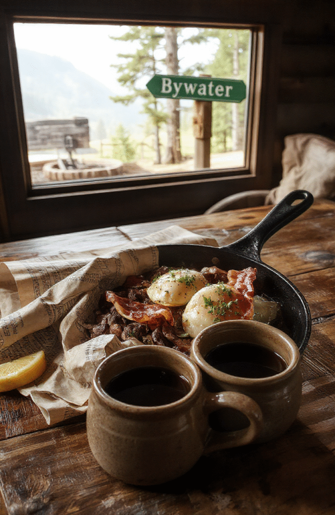 A rustic cast iron skillet filled with golden-brown crickhollow bacon strips, scrambled eggs with chives, roasted baby potatoes with rosemary, and grilled tomatoes, steaming gently on a wooden cabin table with a parchment map and a ceramic mug of herbal tea in soft morning light.