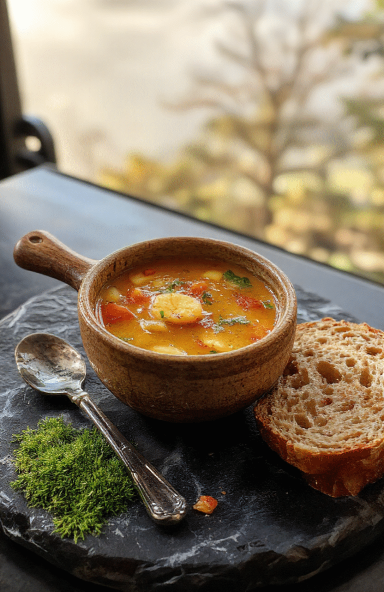 A rustic bowl of warm shire harvest soup with chunks of potatoes, carrots, leeks, and apples, swirling with thyme, served in a wooden trencher atop a mossy stone slab with fresh bread on the side under soft daylight, evoking the cozy cooking of Hobbiton.