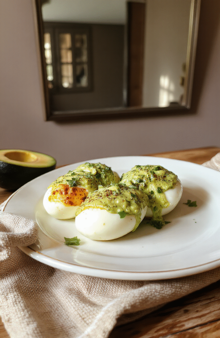Halved hard-boiled eggs nestled on a bed of vibrant avocado-green herb sauce, garnished with fresh chives, dill, and a single anchovy fillet on a vintage white porcelain egg cup against a muted 1960s-inspired backdrop with soft daylight and subtle mid-century modern textures.