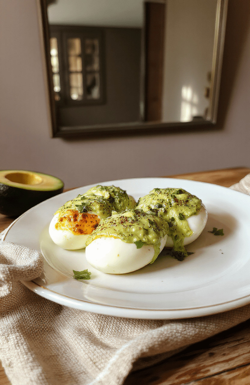 Halved hard-boiled eggs nestled on a bed of vibrant avocado-green herb sauce, garnished with fresh chives, dill, and a single anchovy fillet on a vintage white porcelain egg cup against a muted 1960s-inspired backdrop with soft daylight and subtle mid-century modern textures.