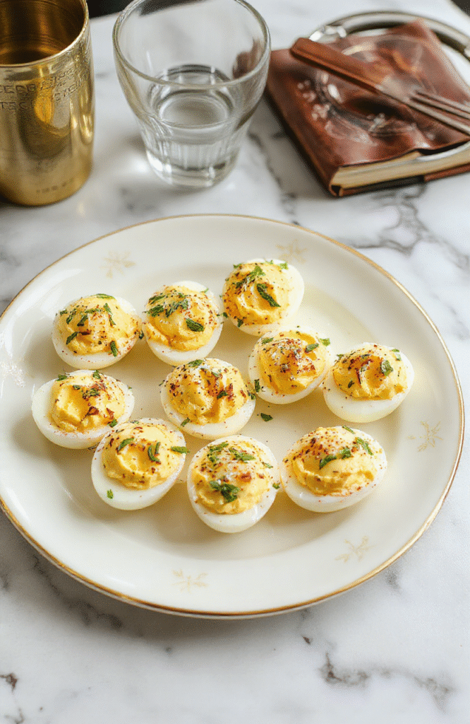 Elegant retro-style deviled eggs arranged on a vintage floral-patterned plate with silver spoon and fresh parsley garnish, set on a mid-century modern cocktail table beside a half-finished martini glass and a stack of Mad Men season 1 DVDs.