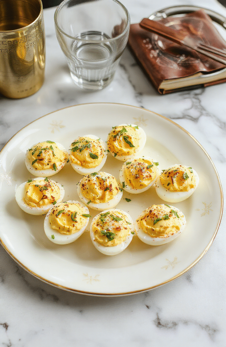 Elegant retro-style deviled eggs arranged on a vintage floral-patterned plate with silver spoon and fresh parsley garnish, set on a mid-century modern cocktail table beside a half-finished martini glass and a stack of Mad Men season 1 DVDs.