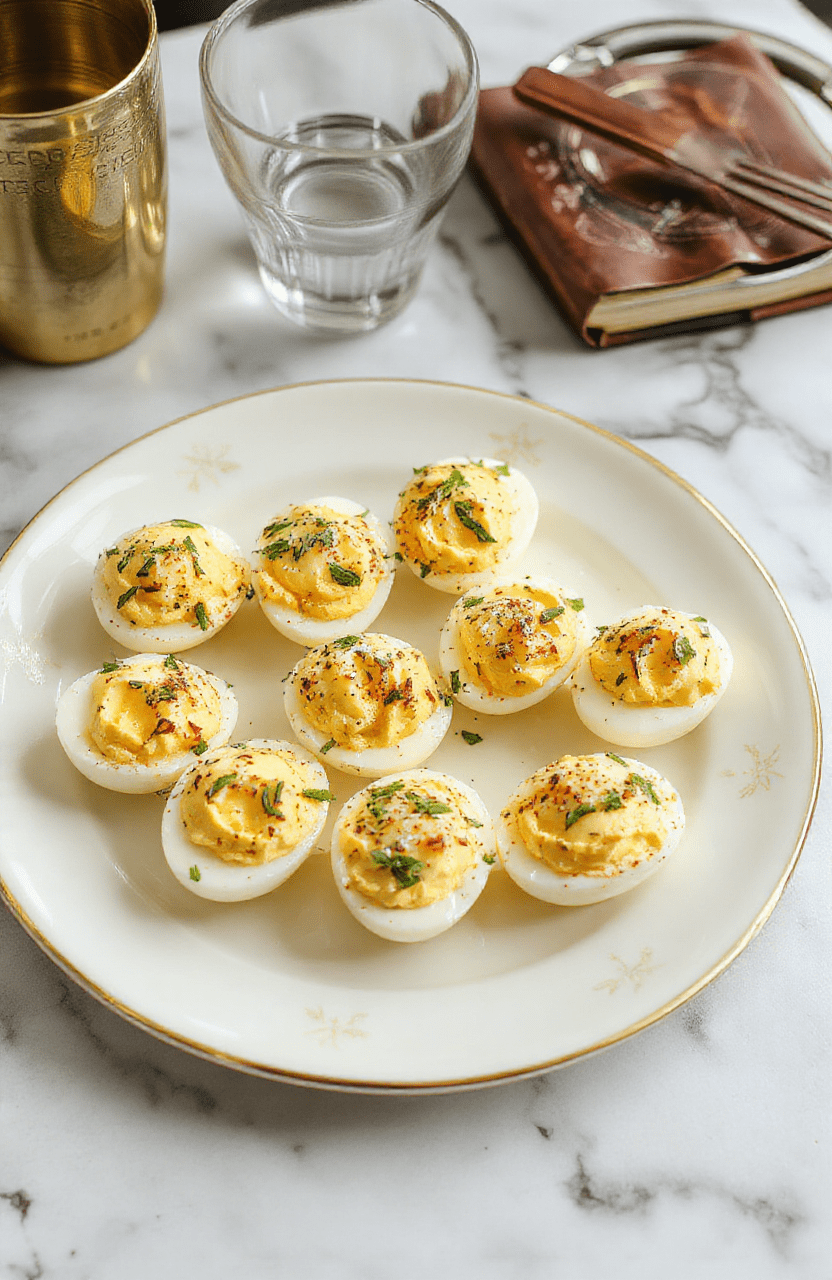 Elegant retro-style deviled eggs arranged on a vintage floral-patterned plate with silver spoon and fresh parsley garnish, set on a mid-century modern cocktail table beside a half-finished martini glass and a stack of Mad Men season 1 DVDs.
